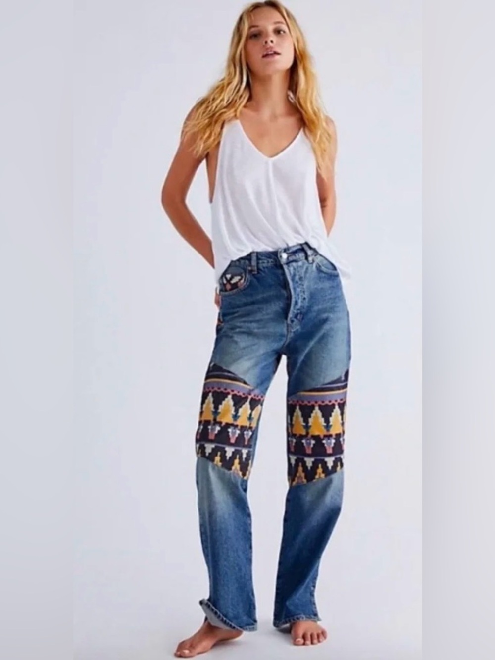 Free People We The Free Rocky Mountain Patchwork Straight Leg Jeans Boho Western